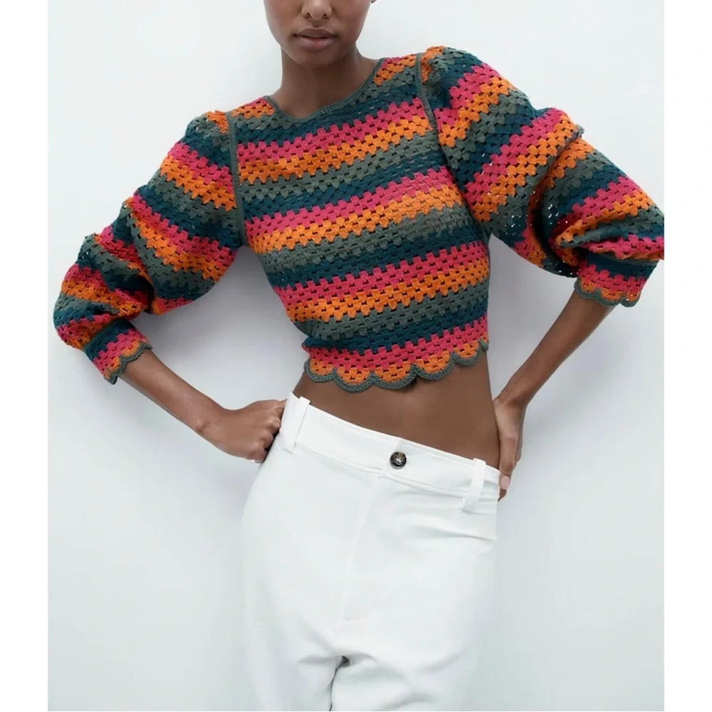NWT Zara Cropped Crochet Long-Sleeve Knit Open-Back Top